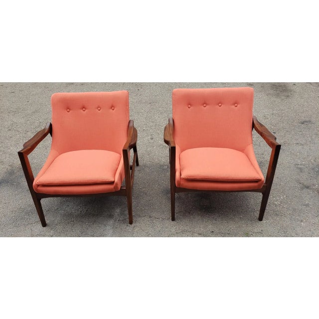 Orange Modern Mid Century Style Lounge Chairs Solid Walnut Frames For Sale - Image 8 of 8