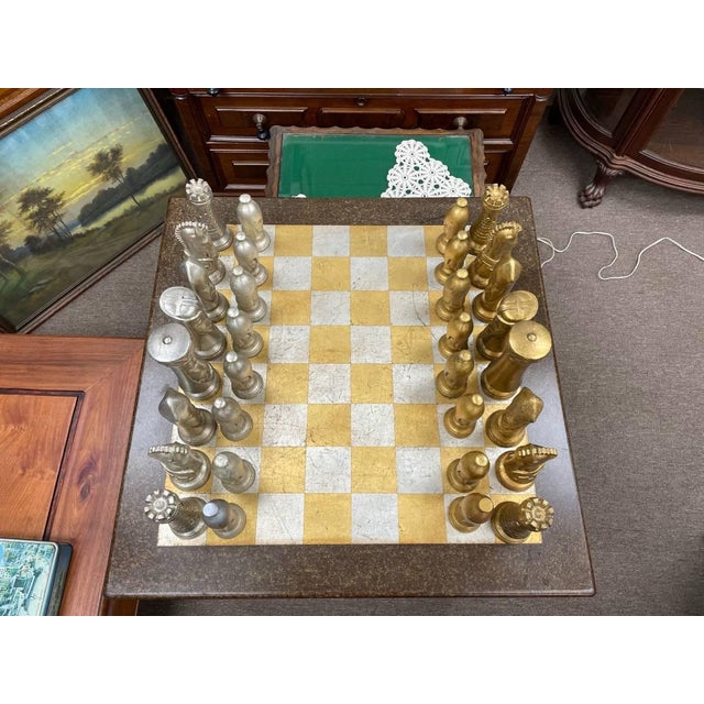 Vintage Style Chess Board Game Table, With 32 Matching Pieces, Silver Leaf + Gold Leaf For Sale In New York - Image 6 of 9