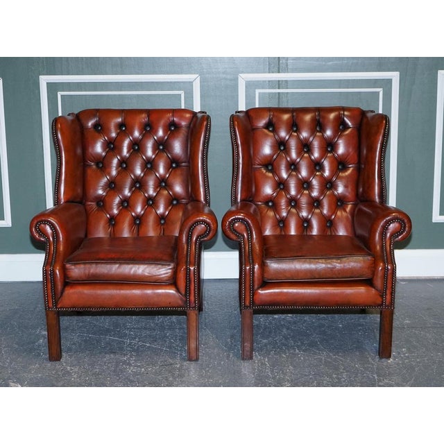 Hand-Dyed Burgundy Brown Leather Wingback Chairs, Set of 2 For Sale - Image 5 of 8