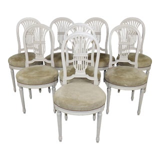 8 White Painted Suede French Louis XVI Style Balloon Chairs by Maison Jansen For Sale