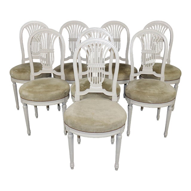 8 White Painted Suede French Louis XVI Style Balloon Chairs by Maison Jansen For Sale
