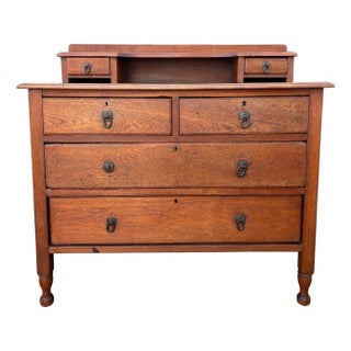 English Country Oak Chest of Drawers with Raised Back and Small Drawers, 1930s For Sale