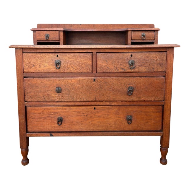 English Country Oak Chest of Drawers with Raised Back and Small Drawers, 1930s For Sale