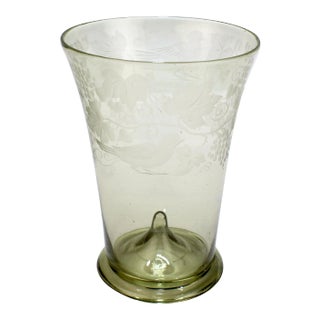 Antique Bohemian Green 'Waldglas' Type Glass Etched Beaker or Cup For Sale