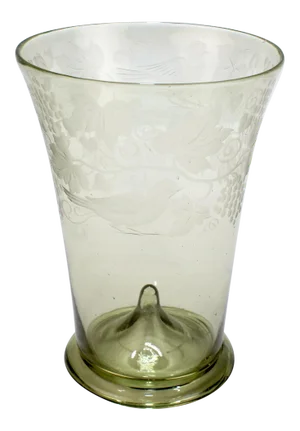 Antique Bohemian Green 'Waldglas' Type Glass Etched Beaker or Cup