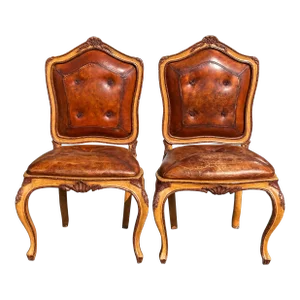 Pair of Antique 18th C Side Chairs With Distressed Leather Seats