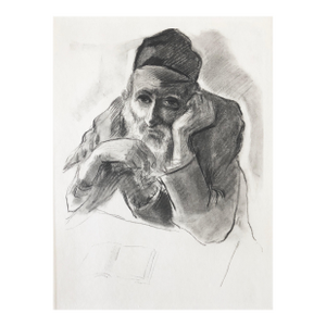 Paul JeffayJudaica Jewish Shtetl Etching Hasidic Rabbi Meditation Vintage Chassidic Print, c.1950's