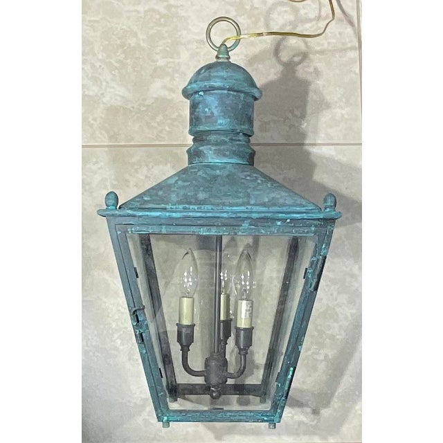 Metal Vintage Solid Copper and Brass Hanging Lantern / 12”x 12”x 23” High For Sale - Image 7 of 17