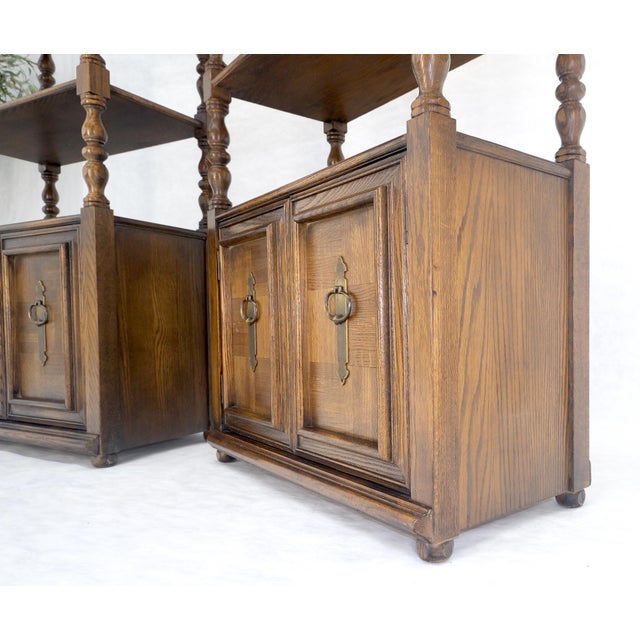 Spanish Pair of Solid Oak Spanish Colonial Etageres Shelves w/ Storage Cabinets & Finial For Sale - Image 3 of 17
