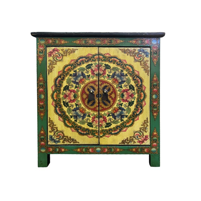 1980s Tibetan Style Green Floral Mandala Graphic End Table Nightstand For Sale - Image 5 of 10