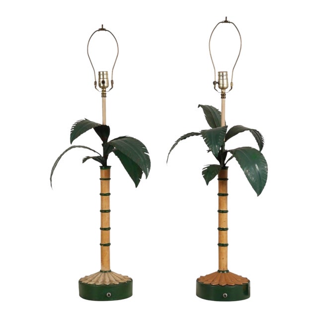 Pair of Hollywood Regency Italian Tole Palm Tree Table Lamps For Sale