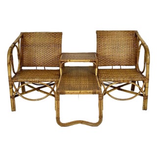 Vintage Rattan Caning Sectional Chairs and Side Table- 3 Piece Set For Sale