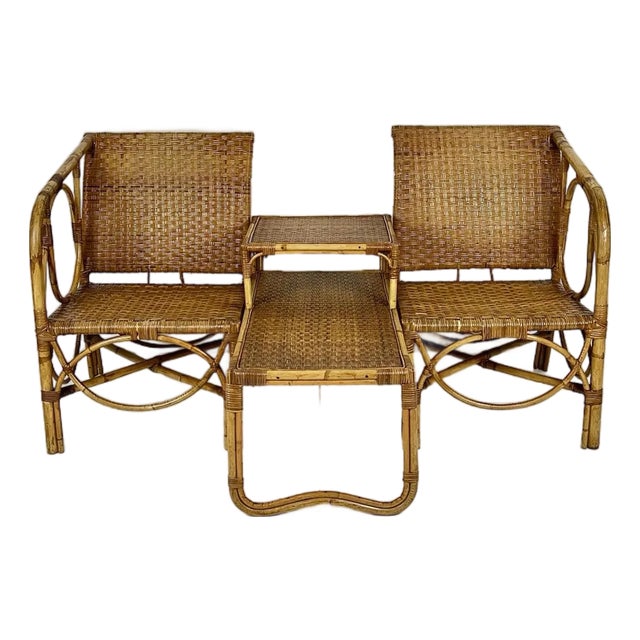 Vintage Rattan Caning Sectional Chairs and Side Table- 3 Piece Set For Sale