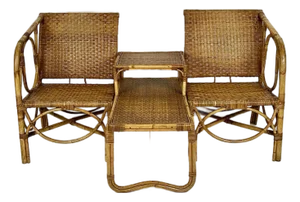 Vintage Rattan Caning Sectional Chairs and Side Table- 3 Piece Set