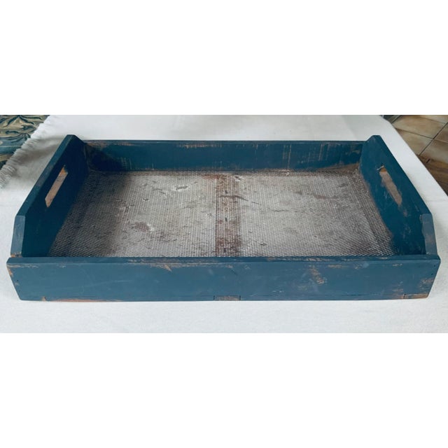 American Vintage c.1950 Adirondack Camp Blanket Storage Tray With Original Blue Paint For Sale - Image 3 of 18