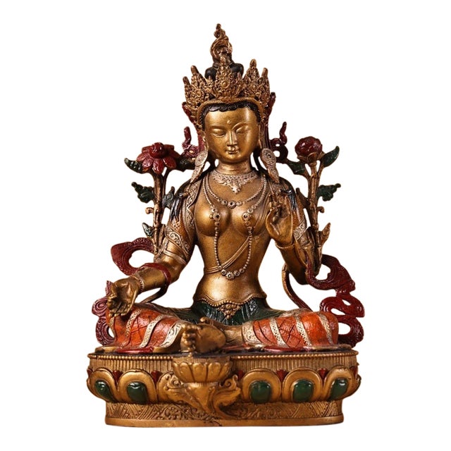 Late 19th Century Gilt Bronze Green Tara Statue, Tibetan Buddhist Figure, 900g For Sale
