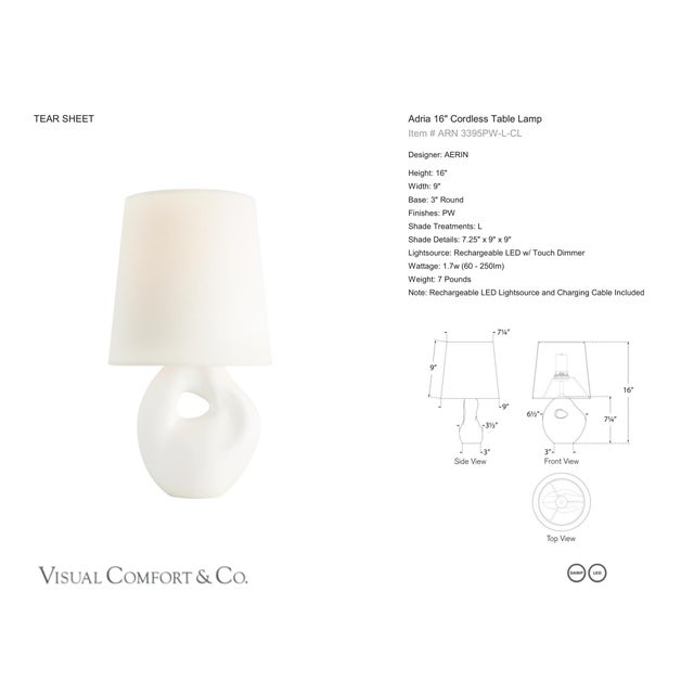 AERIN by Visual Comfort Signature Adria 16" Cordless Table Lamp in Plaster White with Linen Shade Designer: AERIN Height:...
