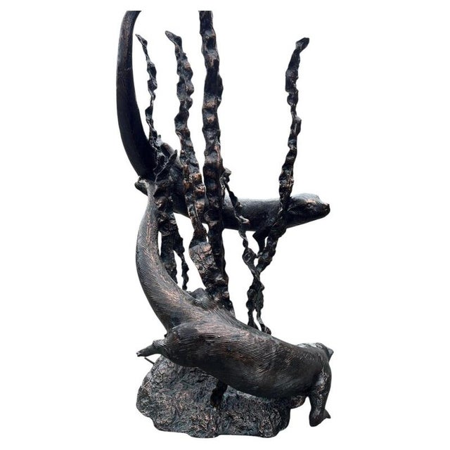 2000 - 2009 Bronzed Metal Swimming Otters in Kelp Garden Fountain Sculpture For Sale - Image 5 of 16