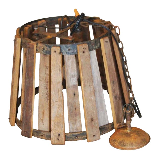 Early 20th Century Industrial Wood and Metal Hanging Ceiling Lamp For Sale