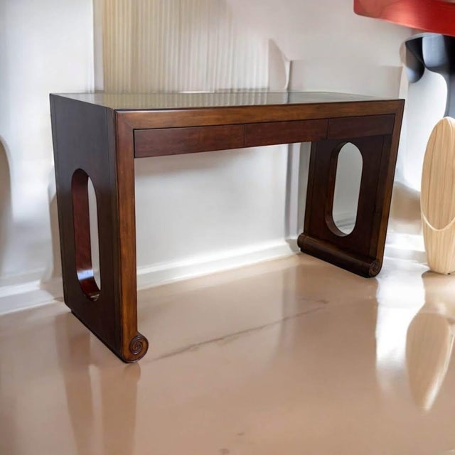 1970s 1970s Rosewood/Mahogany 3 Drawer Asian Style Console Table W. Cut-Out Sides & Curved Legs/Feet For Sale - Image 5 of 11