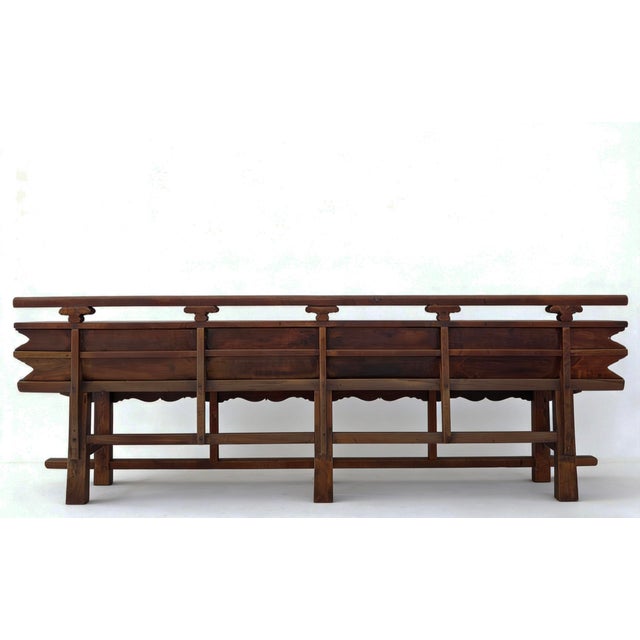 Antique 111" Elm Wood Bench With Tiered Backrest For Sale - Image 9 of 13