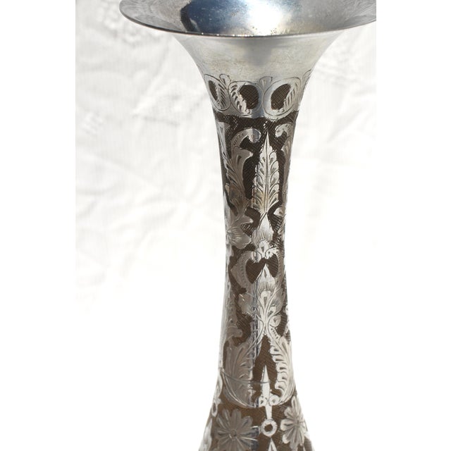 Boho Chic 1970s Tall Etched Silver-Tone Vase From India For Sale - Image 3 of 9