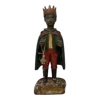Late 18th Century Spanish Colonial Hand Carved Santos of a Black King Bearing a Gift. Part of a Larger Nativity Scene. For Sale
