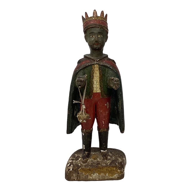 Late 18th Century Spanish Colonial Hand Carved Santos of a Black King Bearing a Gift. Part of a Larger Nativity Scene. For Sale