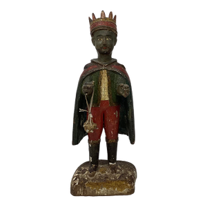 Late 18th Century Spanish Colonial Hand Carved Santos of a Black King Bearing a Gift. Part of a Larger Nativity Scene.