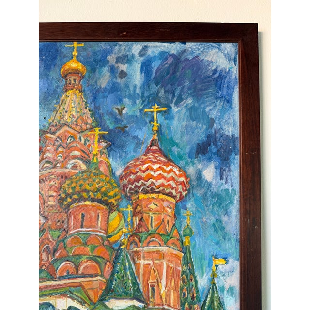 Wood 1980’s Vintage Moscow Cathedral of St. Basil Expressionist Oil on Canvas Painting, Signed For Sale - Image 7 of 11