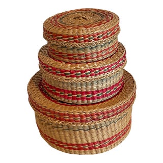 Vintage 1960s Sweet Grass Round Stacking Baskets - Set of 3 For Sale