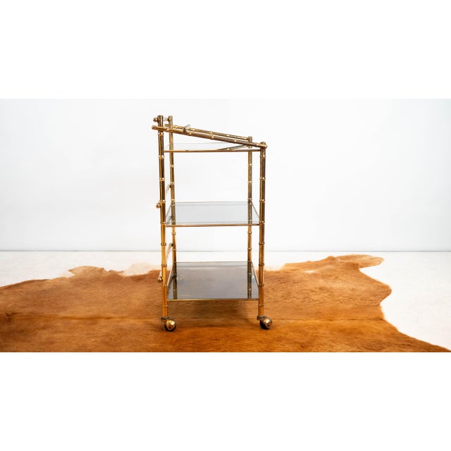 Vintage Mid Century Brass & Smoked Glass Bar Cart, C. 1970s For Sale - Image 10 of 17