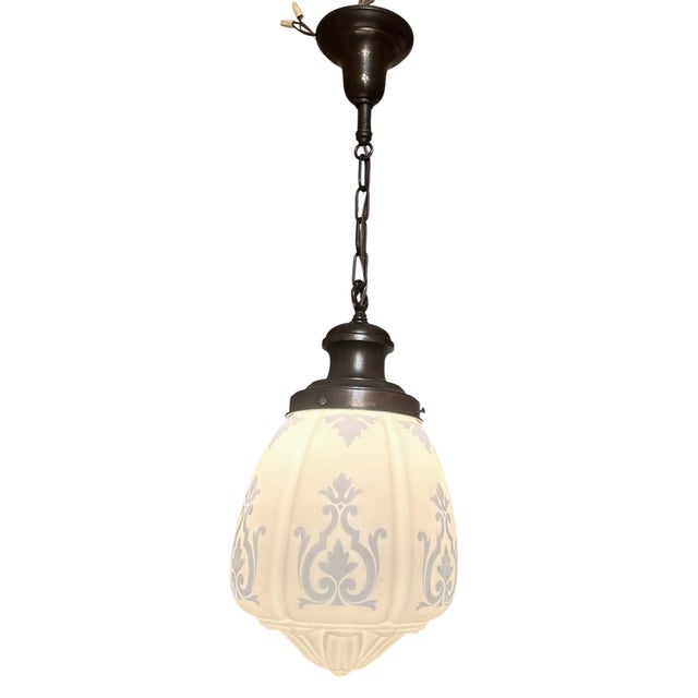 White 1910s Melon Shaped White SND Blue Damask Pattern Glass Fixtures on Original Payina Holders - a Pair For Sale - Image 8 of 9