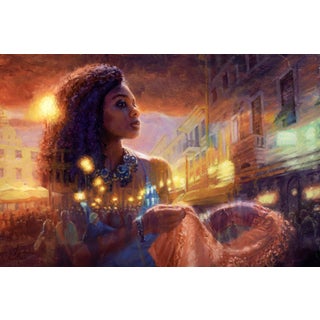 Memories of Exotic Places by Christopher Clark | Oil on Wood Panel Woman in a vibrant street scene. For Sale