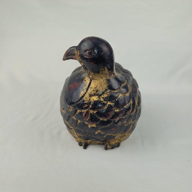 Early 20th Century Antique Japanese Carved Wood Quail Statue Lacquered Black Gold Accent Bird Decor For Sale - Image 5 of 10