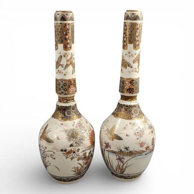 Tall Japanese Satsuma Vases with Moriage and Gold Pointillé, Set of 2 For Sale - Image 5 of 18
