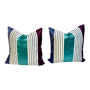 Pair of Vintage Teal, Blue, & Purple Silk Pillows