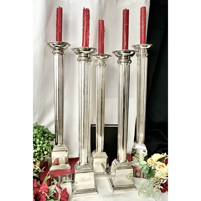 Metal Vintage Candle Holders Silver Metal Pillar Candlesticks - Set of 5 For Sale - Image 7 of 9