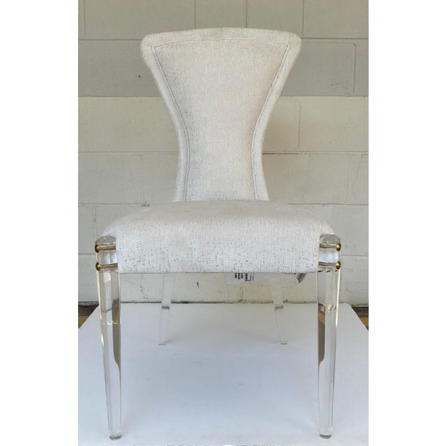 Original retail $14400, chic Baker Modern White and Gray Cut Velvet IIa dining chairs set of 4, acrylic legs with brass...