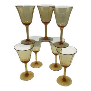 Vintage Amber Crystal Port Glasses - Set of 7