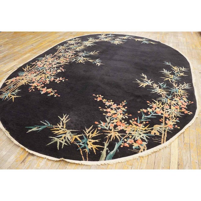 Art Deco 1930s Black Bamboo Floral Antique Chinese Art Deco Carpet 8'4" X 11'8" Wool Rug For Sale - Image 3 of 9