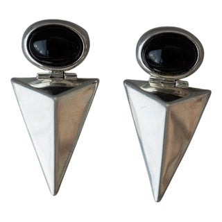 Vintage Triangular Earrings in Silver with Onyx, Set of 2 For Sale