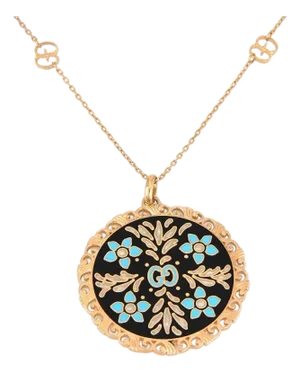 Mid 20th Century Gucci Bloom Enamel 18k Yellow Gold Floral Medallion Pendant Necklace 31"