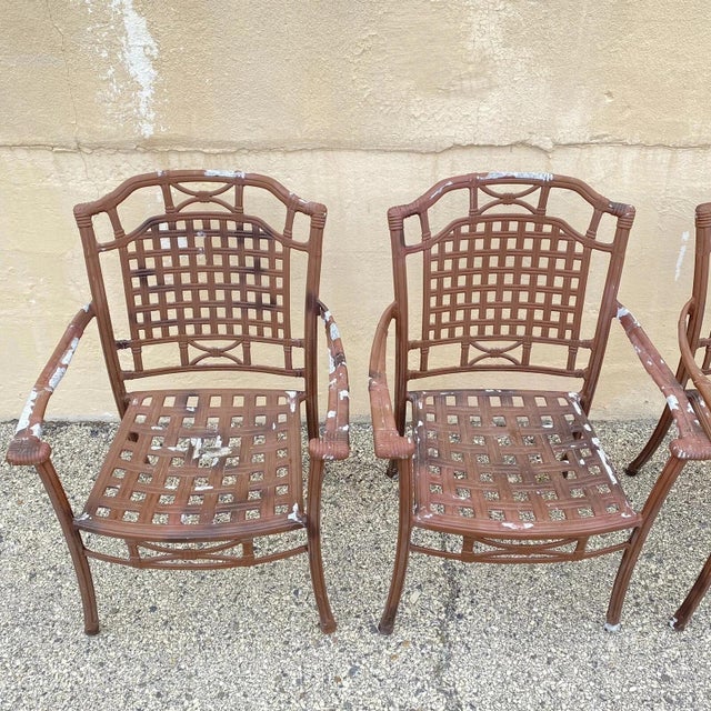 Late 20th Century Late 20th Century Cast Aluminum Basket Weave Lattice Rattan Patio Outdoor Arm Chairs - Set of 4 For Sale - Image 5 of 10