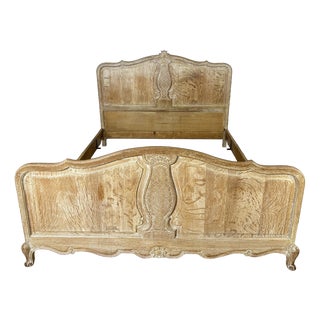 Vintage Louis XVI French Oak King Size Bed Frame with Carved Headboard For Sale