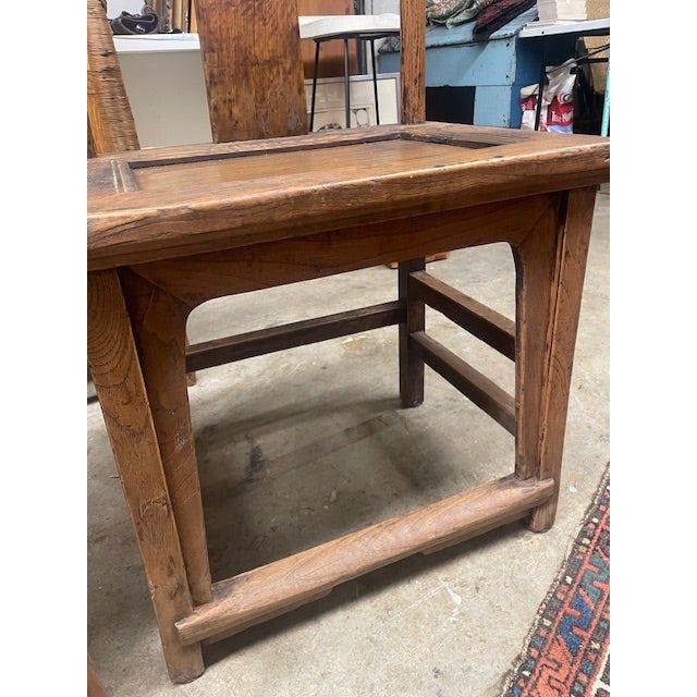 Vintage Pair Asian Elmwood Oriental Wood Yoke Back Dining / Side Chairs For Sale - Image 4 of 18