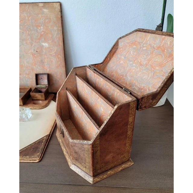 Brown Vintage Continental Italian Leather Desk Set For Sale - Image 8 of 11