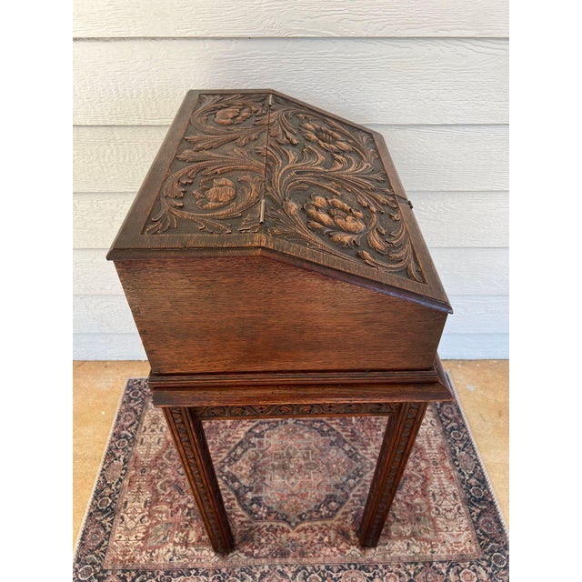 Antique English Slant Top Bible Box Desk Stand Jacobean Carved Oak Lectern C1890 For Sale - Image 9 of 18
