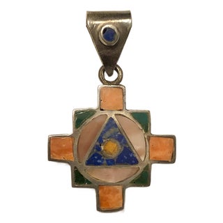 1960s Geometric Lapis, Turquoise, Spiny Oyster, 950 Cross Pendant For Sale