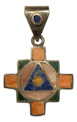 1960s Geometric Lapis, Turquoise, Spiny Oyster, 950 Cross Pendant